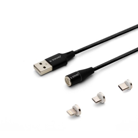 Kabel USB 2.0 SAVIO CL-155 USB - USB Typ C, Micro i Lightning, QC i PD 3.0, magnetyczny, 2m, czarny Kabel USB 2.0 SAVIO CL-155 USB - USB Typ C, Micro i Lightning, QC i PD 3.0, magnetyczny, 2m, czarny