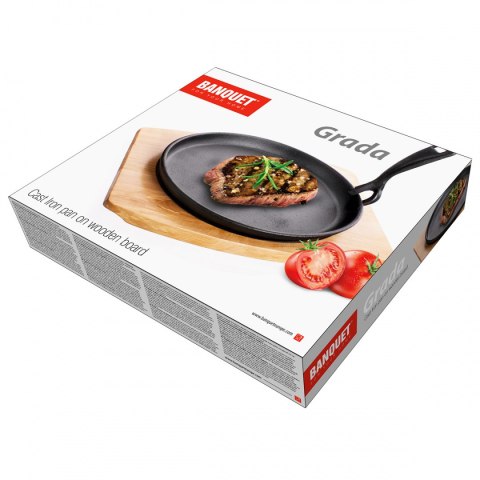 TALERZ PÓŁMISEK PATELNIA ŻELIWNA Z DESKĄ DREWNIANĄ BANQUET TALERZ PÓŁMISEK PATELNIA ŻELIWNA Z DESKĄ DREWNIANĄ BANQUET