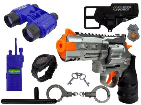 Zestaw Policyjny Pistolet Kajdanki Lornetka Gwizdek Zegarek Odznaka Zestaw Policyjny Pistolet Kajdanki Lornetka Gwizdek Zegarek Odznaka