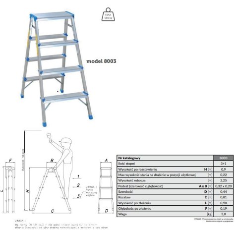 DRABINA ALUMINIOWA DWUSTRONNA 90CM 3 STOPNIE + PODEST DRABINA ALUMINIOWA DWUSTRONNA 90CM 3 STOPNIE + PODEST