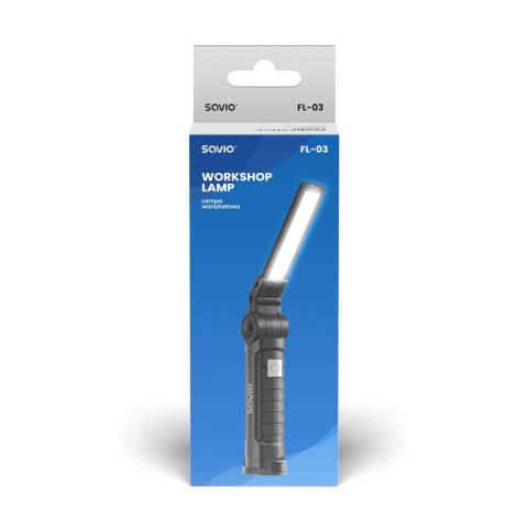 SAVIO LAMPA WARSZTATOWA AKUMULATOROWA COB LED 3W, USB, 150 LM, SKŁADANA, Z MAGNESEM, FL-03 SAVIO LAMPA WARSZTATOWA AKUMULATOROWA COB LED 3W, USB, 150 LM, SKŁADANA, Z MAGNESEM, FL-03