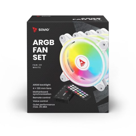 SAVIO ZESTAW 4 WENTYLATORÓW ARGB 120 MM WRAZ Z KONTROLEREM ORAZ PILOTEM FAN-01 WHITE SAVIO ZESTAW 4 WENTYLATORÓW ARGB 120 MM WRAZ Z KONTROLEREM ORAZ PILOTEM FAN-01 WHITE