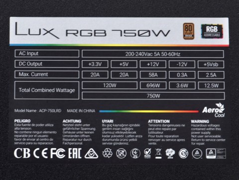 Zasilacz Aerocool LUX AEROPGSLUXRGB-750 (750 W; 120 mm) Zasilacz Aerocool LUX AEROPGSLUXRGB-750 (750 W; 120 mm)