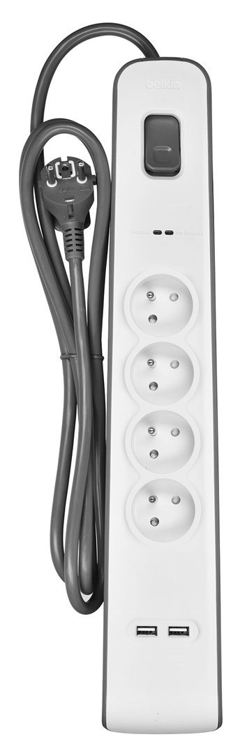 Listwa zasilająca Belkin Power Surge 4-PORT + 2xUSB-A 2.4A 525J 2m Grey/White Listwa zasilająca Belkin Power Surge 4-PORT + 2xUSB-A 2.4A 525J 2m Grey/White