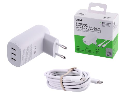 Ładowarka Belkin BoostCharge 3 Port USB-C PD 3.1 PPS Wall Charger 67W + USB-C to USB-C Cable 2m White Ładowarka Belkin BoostCharge 3 Port USB-C PD 3.1 PPS Wall Charger 67W + USB-C to USB-C Cable 2m White