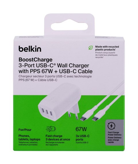 Ładowarka Belkin BoostCharge 3 Port USB-C PD 3.1 PPS Wall Charger 67W + USB-C to USB-C Cable 2m White Ładowarka Belkin BoostCharge 3 Port USB-C PD 3.1 PPS Wall Charger 67W + USB-C to USB-C Cable 2m White