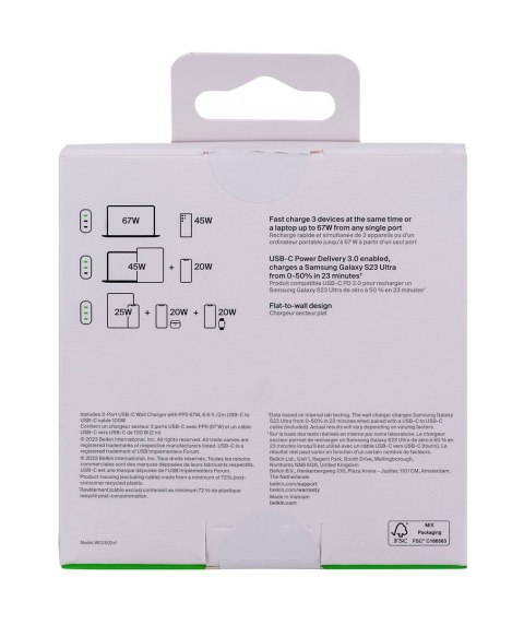 Ładowarka Belkin BoostCharge 3 Port USB-C PD 3.1 PPS Wall Charger 67W + USB-C to USB-C Cable 2m White Ładowarka Belkin BoostCharge 3 Port USB-C PD 3.1 PPS Wall Charger 67W + USB-C to USB-C Cable 2m White