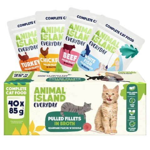 ANIMAL ISLAND Wołowina / Kurczak / Indyk / Biała ryba w filecie MIX - Karma mokra dla kotów - 40x85g ANIMAL ISLAND Wołowina / Kurczak / Indyk / Biała ryba w filecie MIX - Karma mokra dla kotów - 40x85g
