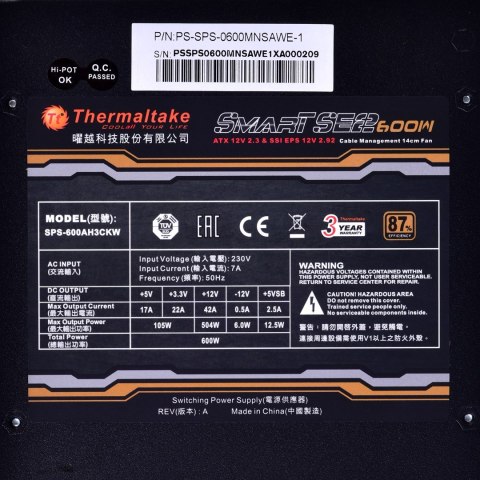 Zasilacz Thermaltake Smart SE2 600W PS-SPS-0600MNSAWE-1 (600 W; Aktywne; 120 mm) Zasilacz Thermaltake Smart SE2 600W PS-SPS-0600MNSAWE-1 (600 W; Aktywne; 120 mm)