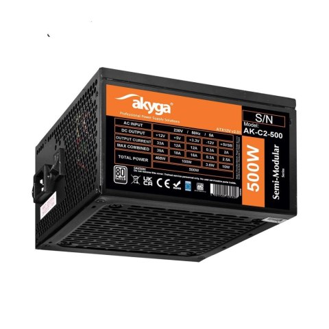 Zasilacz ATX 500W Akyga AK-C2-500 Semi-Modular P4+4 2x PCI-E 6+2 pin 4x SATA 2x Molex FAN 12cm Zasilacz ATX 500W Akyga AK-C2-500 Semi-Modular P4+4 2x PCI-E 6+2 pin 4x SATA 2x Molex FAN 12cm