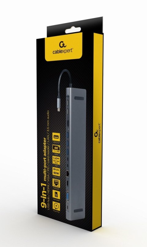 GEMBIRD MULTI ADAPTER USB TYPE-C 9W1 (HUB USB + HDMI + VGA + PD + CZYTNIK KART + LAN + AUDIO 3,5 MM) KOLOR SZARY GEMBIRD MULTI ADAPTER USB TYPE-C 9W1 (HUB USB + HDMI + VGA + PD + CZYTNIK KART + LAN + AUDIO 3,5 MM) KOLOR SZARY