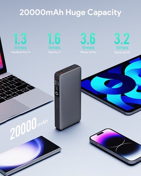 AUKEY POWERBANK 20000MAH, 2X USB-C PD 65W, USB-A 18W, SZARY AUKEY POWERBANK 20000MAH, 2X USB-C PD 65W, USB-A 18W, SZARY