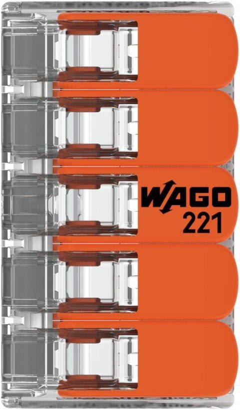 Szybkozłączka uniwersalna LINKA/DRUT 5x 0,2-4mm2 WAGO 221-415 (Paczka 25szt.) Szybkozłączka uniwersalna LINKA/DRUT 5x 0,2-4mm2 WAGO 221-415 (Paczka 25szt.)