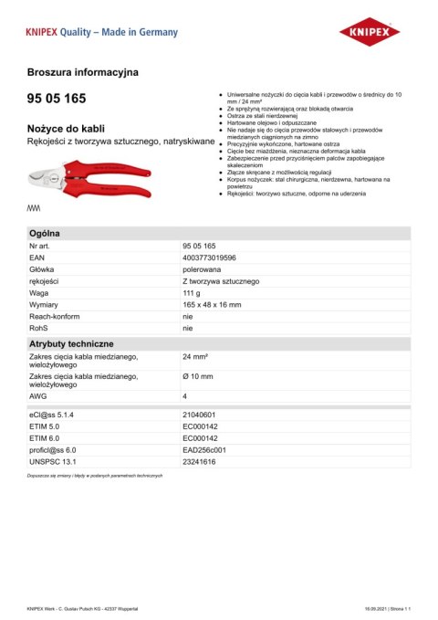 NOŻYCE DO KABLI 165MM, RĘKOJEŚĆ Z TWORZYWA NOŻYCE DO KABLI 165MM, RĘKOJEŚĆ Z TWORZYWA