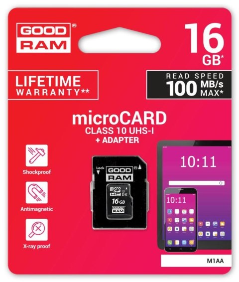Karta pamięci microSDHC GOODRAM 16GB M1AA-0160R12 cl 10 UHS-I + adapter Karta pamięci microSDHC GOODRAM 16GB M1AA-0160R12 cl 10 UHS-I + adapter