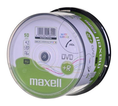 MAXELL DVD+R 4,7GB, 50 szt. w opakowaniu cake (szpindel). Prędkość zapisu 16X, 120 min. Płyty do nadruku atramentowego. Przeznac MAXELL DVD+R 4,7GB, 50 szt. w opakowaniu cake (szpindel). Prędkość zapisu 16X, 120 min. Płyty do nadruku atramentowego. Przeznac