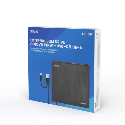 SAVIO NAGRYWARKA ZEWNĘTRZNA TYPU SLIM CD/DVD R/RW - USB C/USB-A, AK-59 SAVIO NAGRYWARKA ZEWNĘTRZNA TYPU SLIM CD/DVD R/RW - USB C/USB-A, AK-59